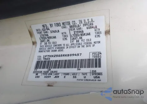 1994 Ford F250 из США, поврежденный, VIN 1FTHX25G5RKB09457